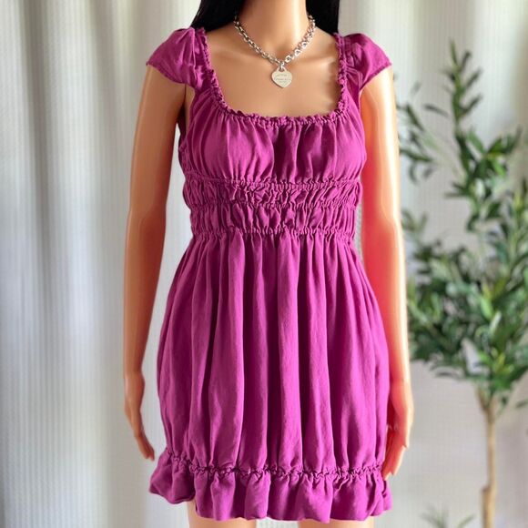 Fuchsia Linen Blend Smocked Mini Dress Ruffle Hem Open Back Milkmaid Peasant S - Picture 2 of 9